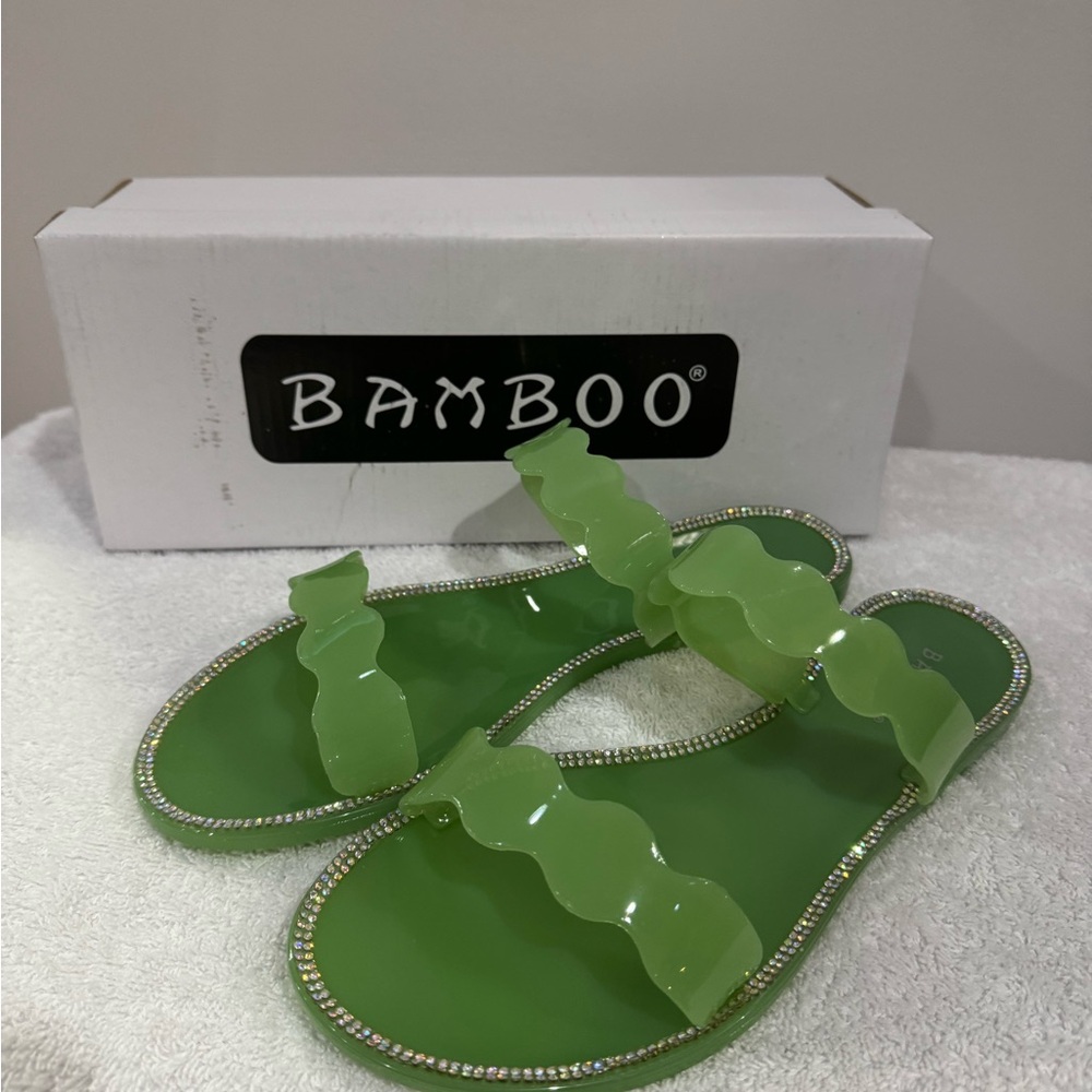 BAMBOO Green Slide Sandals with X-Pattern Straps
